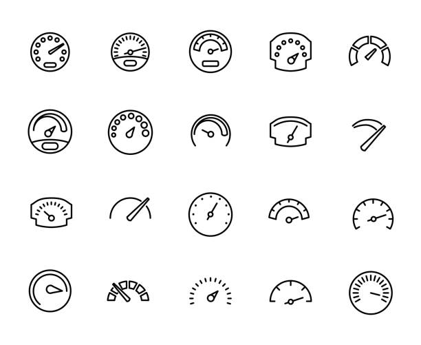 Premium set of speedometer line icons. Premium set of speedometer line icons. Simple pictograms pack. Stroke vector illustration on a white background. Modern outline style icons collection. barometer stock illustrations