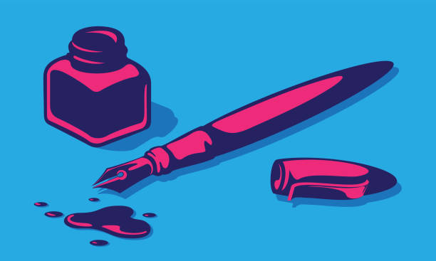 Fountain Pen, Inkwell, Cover And Inkblots vector art illustration