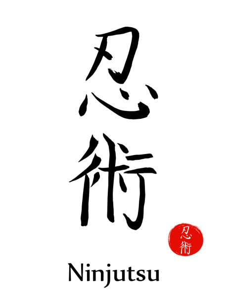 Ninjutsu-asian martial art of disguise fight-vector japanese calligraphy symbols on sun background. Japan budo hieroglyph and red stamp(in japanese-hanko) Ninjutsu-asian martial art of disguise fight-vector japanese calligraphy symbols on sun background. ninja stars drawing stock illustrations