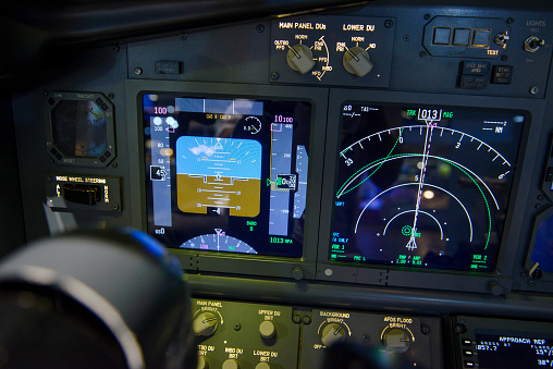 Aircraft attitude indicator display panel and navigation display.