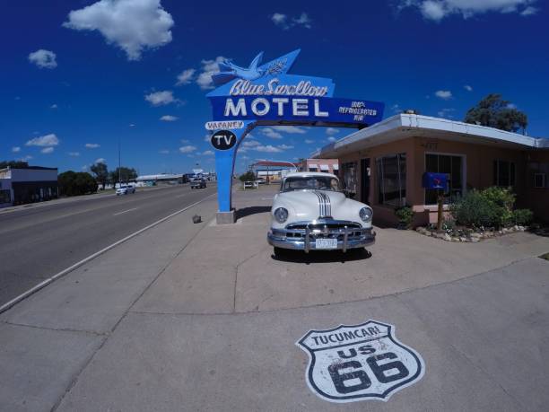 TUCUMCARI, NEW MEXICO - JULY 21: Blue Swallow Motel on Historic Route 66 on July 21, 2017 in Tucumcari, New Mexico. This building is listed on the National Register of Historic Places in New Mexico as a part of historic U.S. Route 66.