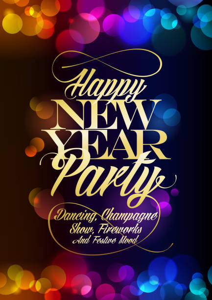 Happy New Year party poster design concept Happy New Year party poster design concept, multicolored confetti bokeh lights and golden title new years eve party stock illustrations