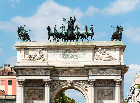 The Arco della Pace, or Arch of Peace at the Porta Sempione, or Sempione City Gate in the city of Milan, Italy. It is a public monument designed by architect Luigi Cagnola and was completed in 1838. It is a focal point and popular attraction of the city.