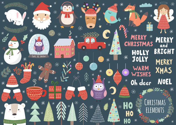 векторный набор милых рождественских элементов - text animal owl icon set stock illustrations