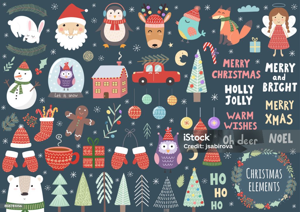 Vector set of cute Christmas elements Vector set of cute Christmas elements: Santa, penguin, deer, bear, fox, owl, trees, snowman, bird, angel and more Doodle stock vector