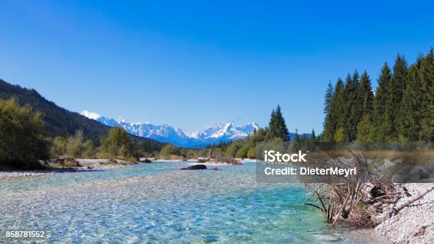 Isar Wild River In Mountains Stock Photo - Download Image Now - River Isar, Riverbed, Forest