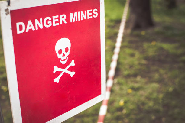 istock Warning sign - Danger mines on a forest 858781572