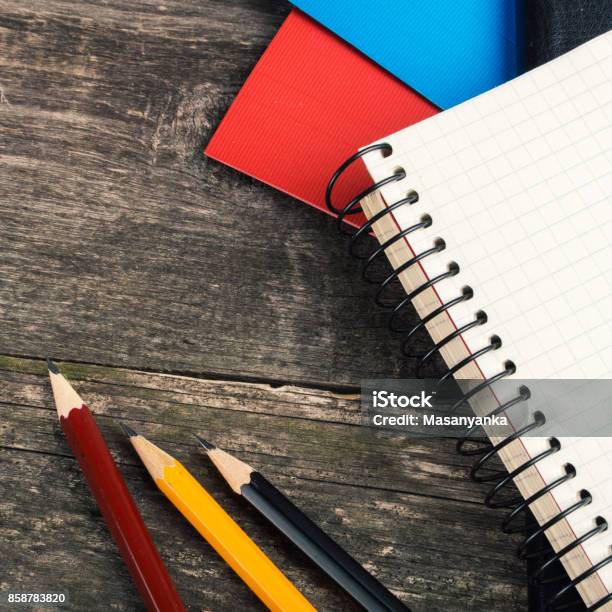 School Supplies Books Notebooks Grey Background Stock Photo by ©5seconds  205783436