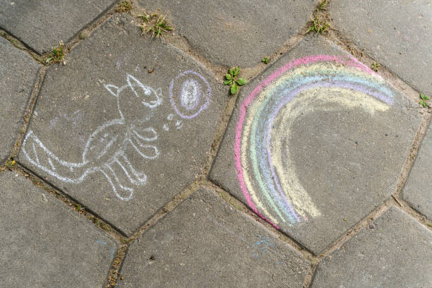 istock Children's chalk drawing on the asphalt. Cat and rainbow. 858790070