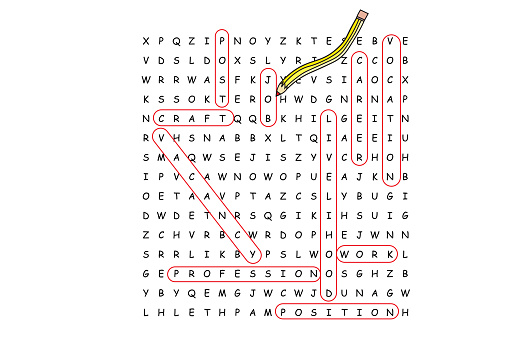 Word search puzzle with job and associated words circled in red pencil.