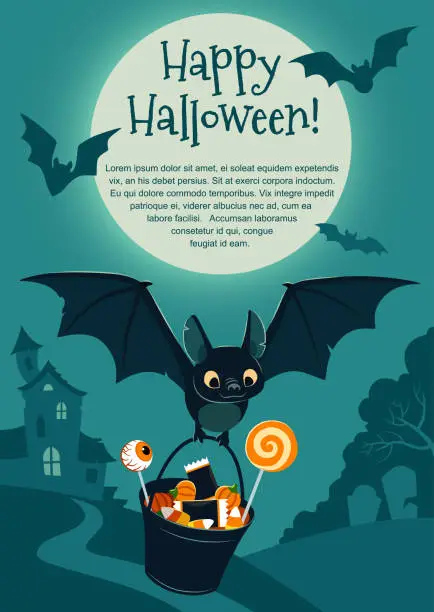 Vector illustration of Vector illustration of a cute flying black bat carrying a bucket filled with candy, on purple background with a tree and haunted house in the distance and full moon. Blank template for Halloween theme