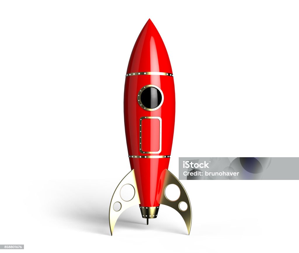 Red Rocket Rocket red antique style 60 years  on white background Rocketship Stock Photo