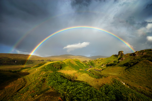 Rainbow over Fairy Glen hills, Isle of Skye, Scotland