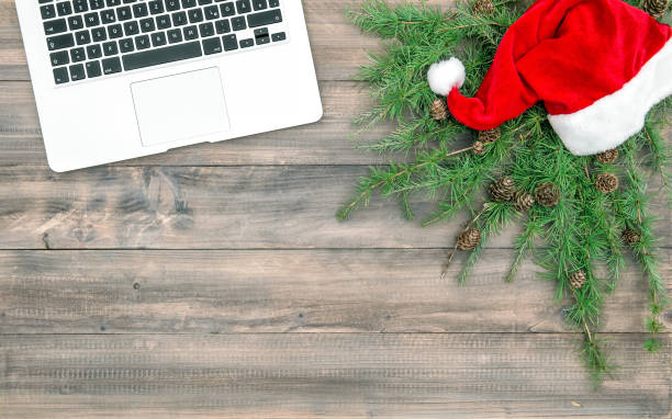 istock Christmas decoration office desk laptop flat lay vintage 858809668