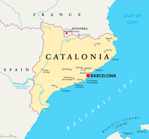 Independent Catalonia political map Independent Catalonia political map on the northeastern extremity of Iberian Peninsula. With capital Barcelona, borders and important cities. English labeling. Illustration. Vector. andorra map stock illustrations