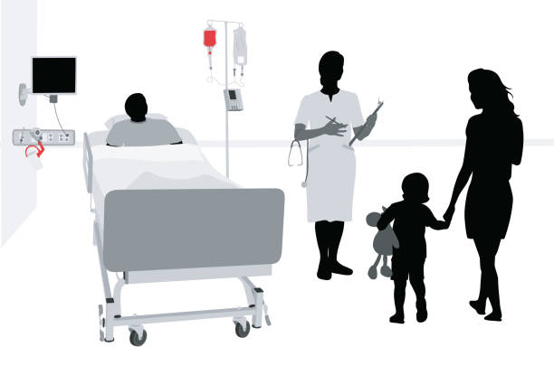 Hospitalized Child Concerned Mother Hospital patient gets a visit from his wife and small child.  Silhouette vector illustration nurse silhouettes stock illustrations