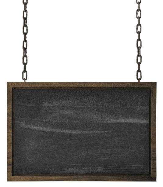 istock Rectangular blackboard wooden sign with wooden edges hanging by old chains. 858861758