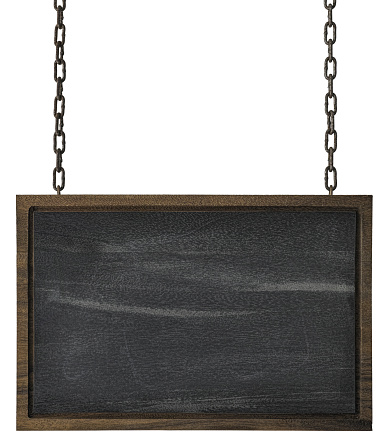Rectangular blackboard wooden sign with wooden edges hanging by old chains, isolated on a white background with clipping path included.