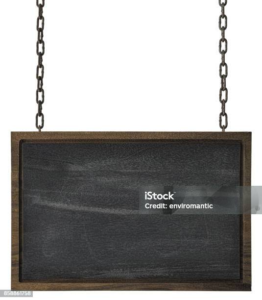 Rectangular Blackboard Wooden Sign With Wooden Edges Hanging By Old Chains Stock Photo - Download Image Now