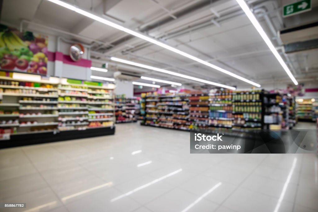 Convenience store interior abstract blur background Market - Retail Space Stock Photo