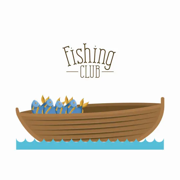 Vector illustration of white background boat with bucket full of fish and text logo fishing club