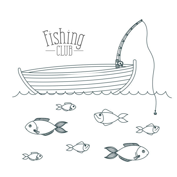 ilustraciones, imágenes clip art, dibujos animados e iconos de stock de monocromo sketch club de silueta barco pesca y peces en el agua - black bass illustrations