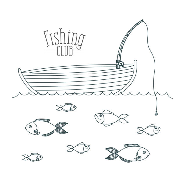 monochrome sketch silhouette boat fishing club and fish in the water monochrome sketch silhouette boat fishing club and fish in the water vector illustration crappie stock illustrations