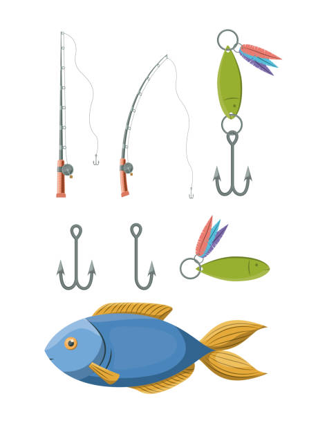 ilustrações, clipart, desenhos animados e ícones de elementos de colorida coleção definida para vara de pesca e anzóis - catfish fish fishing fishing hook