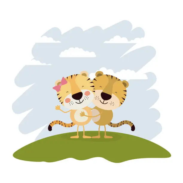 Vector illustration of color scene sky landscape and grass with couple of tigers embraced