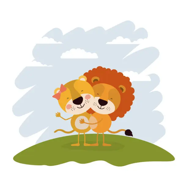 Vector illustration of color scene sky landscape and grass with couple of lioness and lion embraced