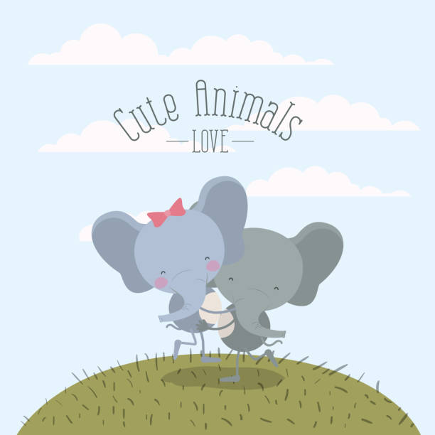 color scene sky landscape and grass with couple of elephants one carrying the other cute animals love color scene sky landscape and grass with couple of elephants one carrying the other cute animals love vector illustration elephant ear plant stock illustrations