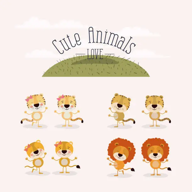 Vector illustration of white background with grass and set cute animals love female and male tigers and lions