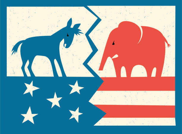 istock Democratic donkey and Republican elephant standing on fractured American flag. Vector illustration. 858882130