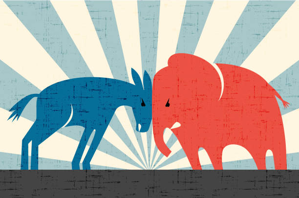 stockillustraties, clipart, cartoons en iconen met democratische ezel en republikeinse olifant hoofd stoten. vectorillustratie. - ruzie