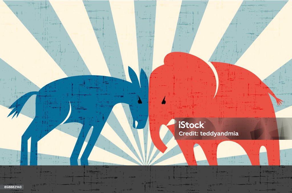 Democratic donkey and Republican elephant butting heads. Vector illustration. US Republican Party stock vector