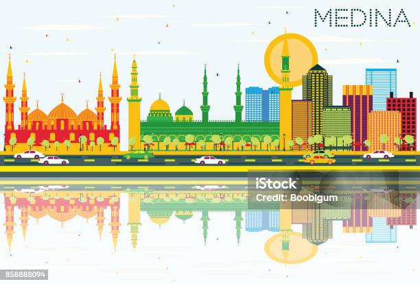 Medina Skyline With Color Buildings Blue Sky And Reflections Stock Illustration - Download Image Now