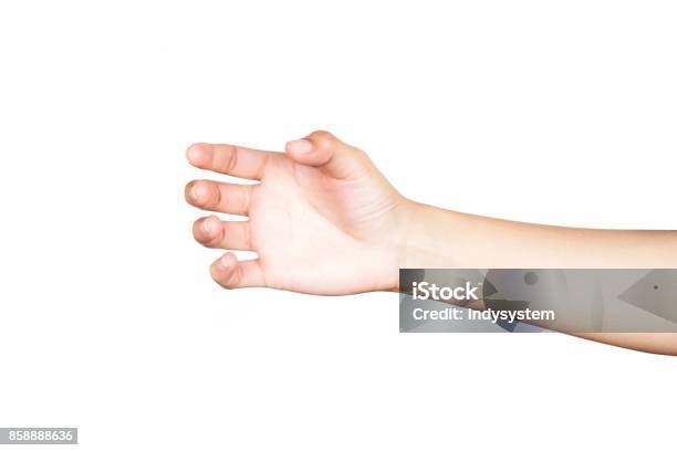 Human Hand Holding Something Like A Glass Or Bottle On White Background Stock Photo - Download Image Now