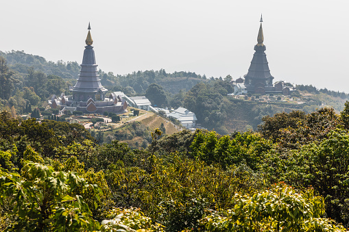 The Great Holy Relics Pagoda Nabhapolbhumisiri that viewd from Kew Mae Pan Mountain Ridge in Chiang Mai, Thailand.