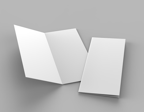 Doblez del BI o Vertical mitad doblar el mock folleto aislado sobre fondo gris suave. Ilustración de render 3D photo