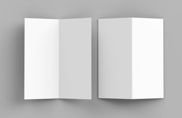 dobra bi ou metade vertical dobre simulação brochura isolado em fundo cinza suave. ilustração 3d render - mock up cards gray white - fotografias e filmes do acervo