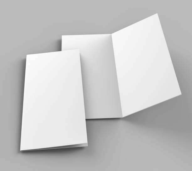 dobra bi ou metade vertical dobre simulação brochura isolado em fundo cinza suave. ilustração 3d render - mock up cards gray white - fotografias e filmes do acervo