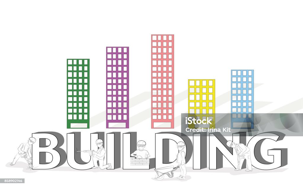 Sketch Of Working Small People With A Big Word Building Handdrawn Cartoon  Vector Illustration Of Building Design And Infographics Stock Illustration  - Download Image Now - iStock