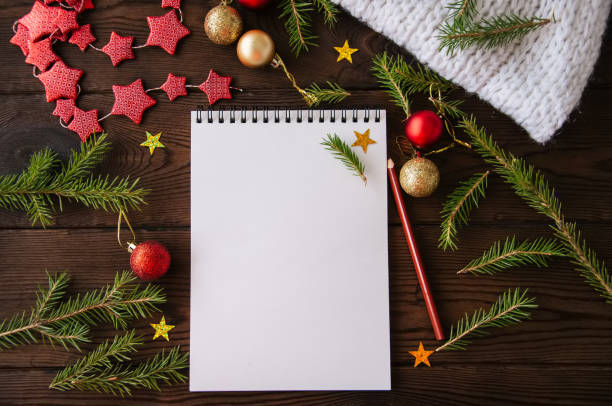 istock White empty notepad paper with christmas decoration on a wooden background. Flat lay. 858902390