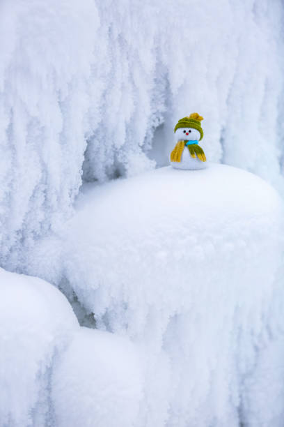 istock Incredible, beautiful, interesting white snow froze in strange textures, forms and snowflakes, and among all this beauty there is a little snowman in a hat and scarf. 858902462