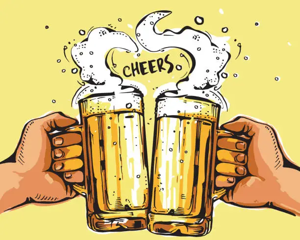 Vector illustration of Vector image of two hands holding beer mugs. Drinks with a lot of foam forming a heart shape. Cheers.
