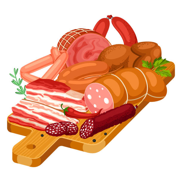 stockillustraties, clipart, cartoons en iconen met illustratie met vleesproducten op houten snijplank. illustratie van de worst, bacon en ham - rookworst