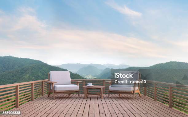 Wood Balcony With Mountain View 3d Rendering Image Stock Photo - Download Image Now - Outdoors, Deck, Balcony