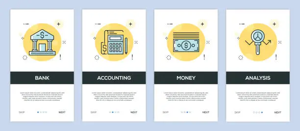 Vector illustration of Vector Illustration of onboarding app screens Finance for mobile apps in flat line style