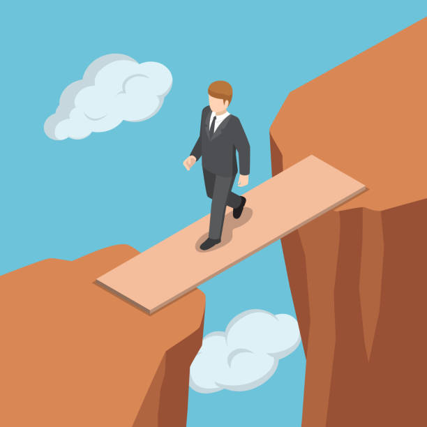 istock Isometric businessman walking on wooden bridge across the gap between cliff. 858920818