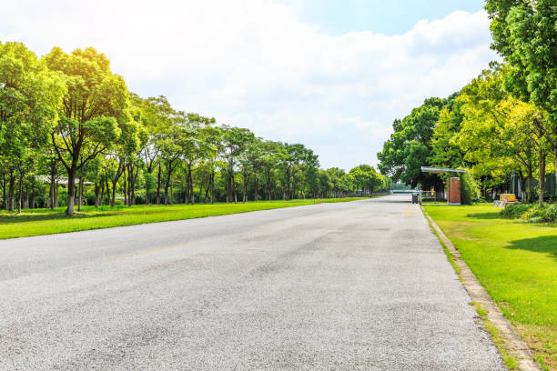 istock Asphalt road and green woods under the blue sky 858931660